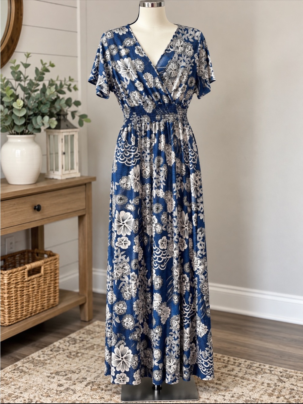 Blue Floral Wrap Maxi Dress with Smocked Waist and Flutter Sleeves